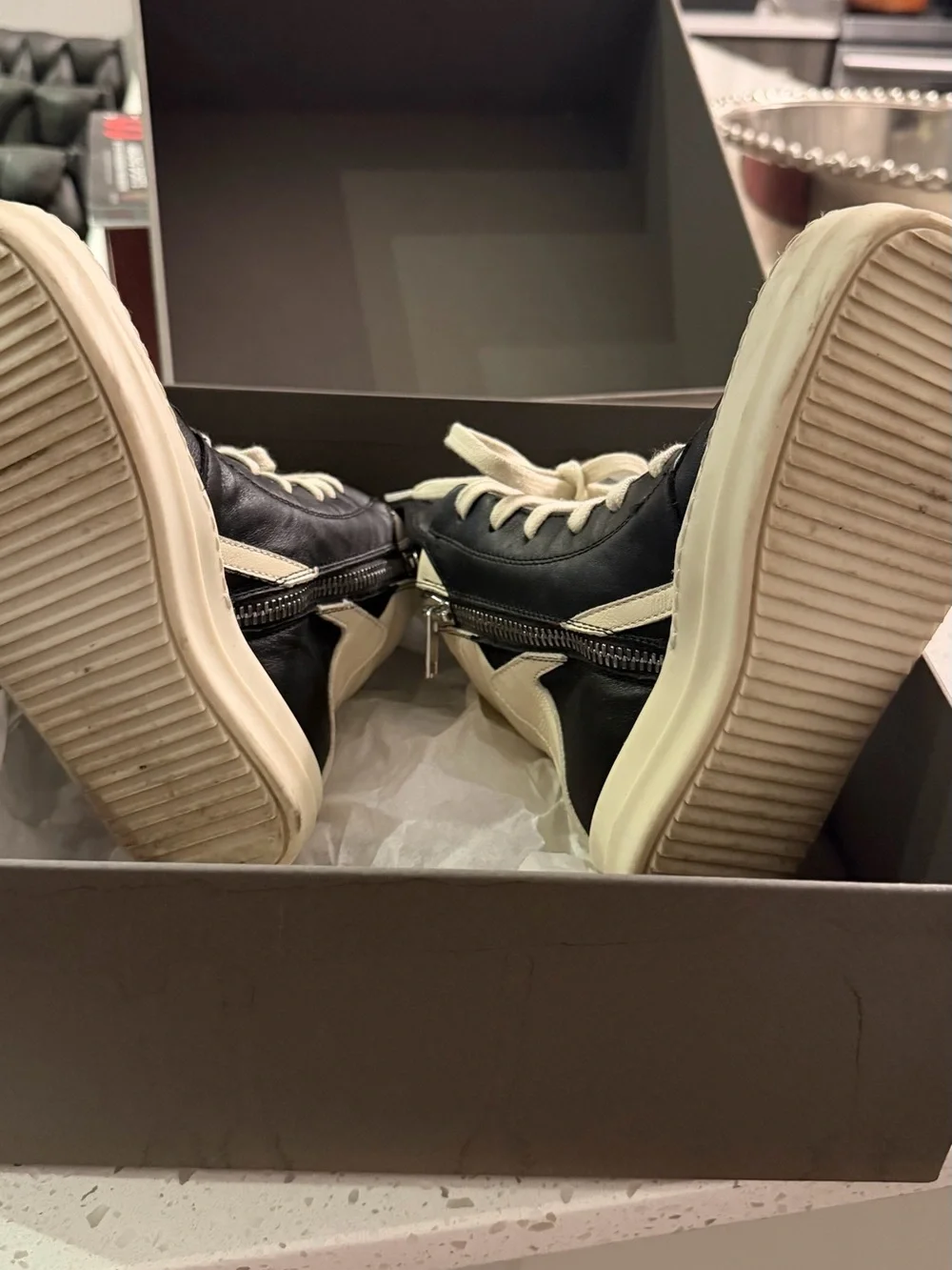 Rick Owens Black Leather High-Top Sneakers with Cream Soles